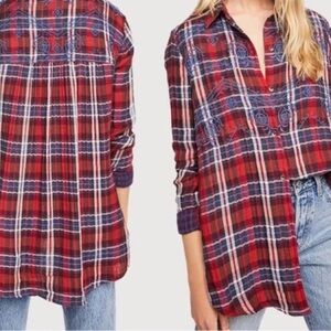 Magical Red & Blue Plaid Embroidered Long Flannel Top Size XS
